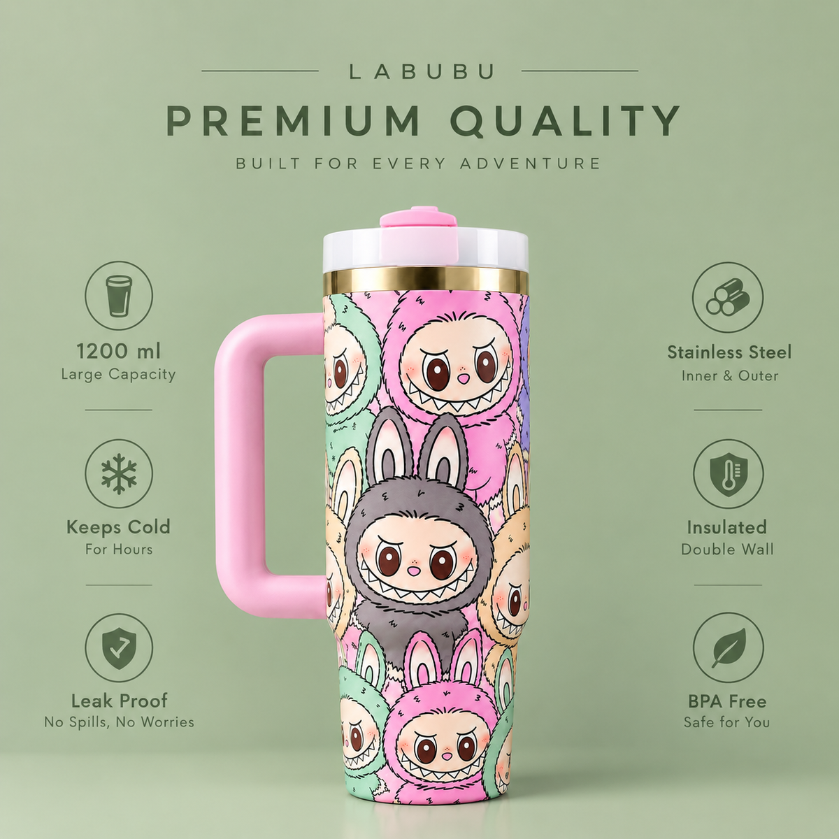 Labubu Stainless Steel Tumbler with Straw & Handle